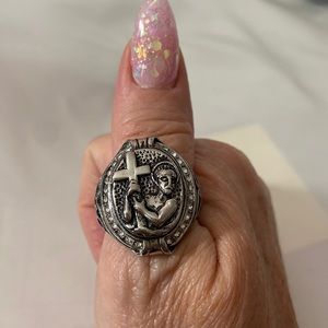 Religious stainless steel ring with crystals